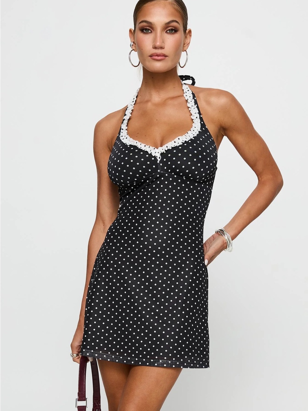 Princess Polly Black and White Polka Dot Halter Mini Dress NWT